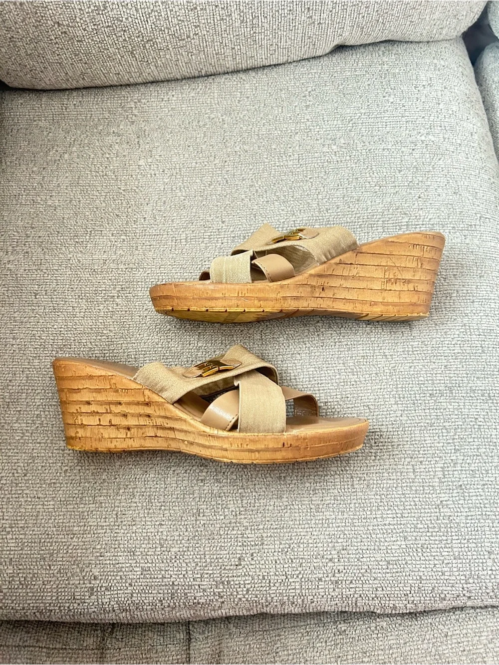Italian Shoemakers Tan Wedge Slide Sandals with Cork Heels - Made in Italy - 7.5
